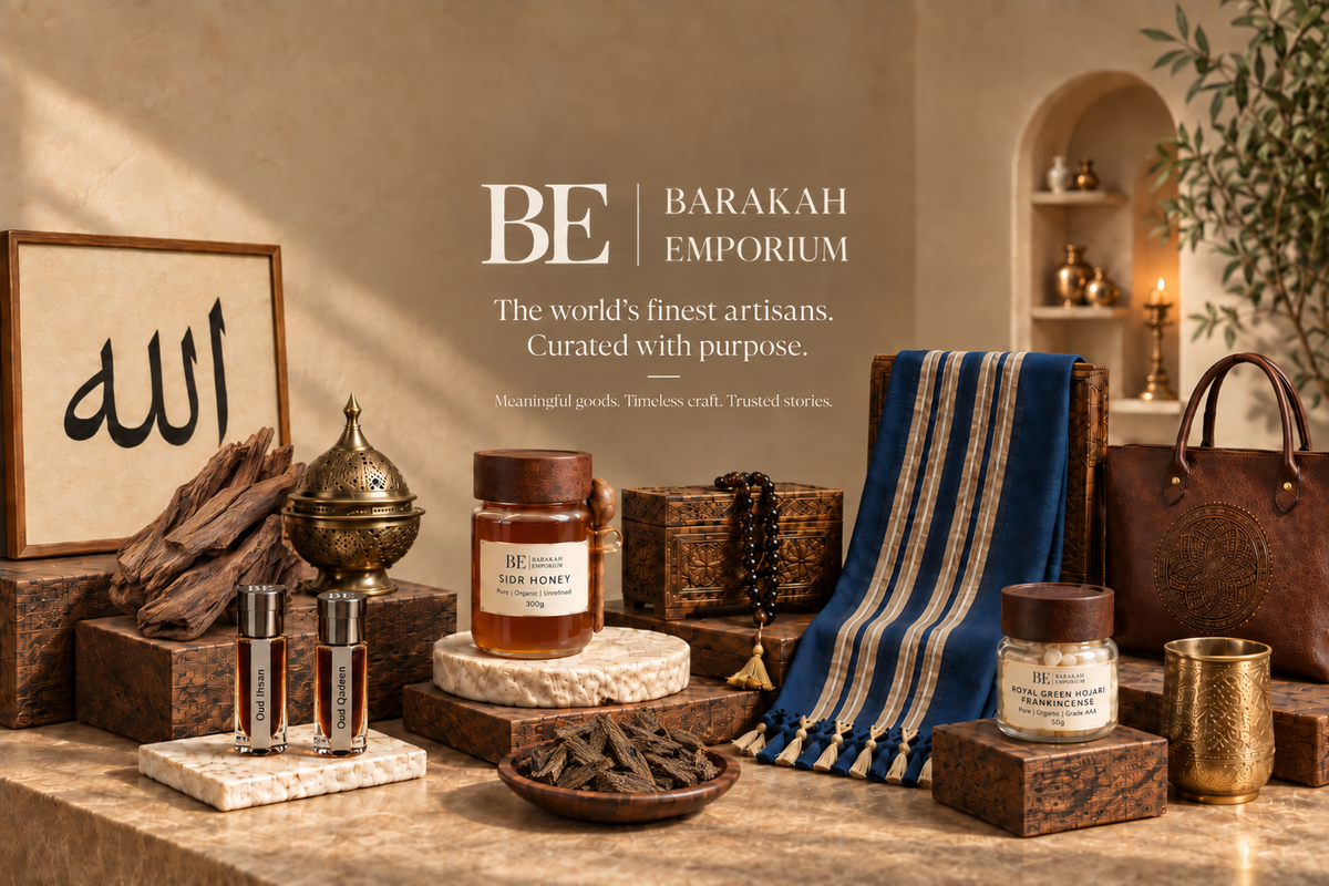 Barakah Emporium artisan collection with natural oud wood, honey, fragrances and a blue shawl